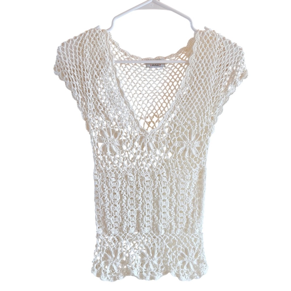 Vintage Y2K GUESS Crochet Knit Top Fits XS Ivory Floral Romantic Feminine Deep V